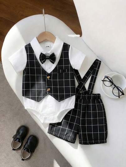 Souflis Souflis 2pcs/Set Toddler Boys' Blue Plaid Patchwork White Collar Tie Romper Vest Shorts Set, Gentleman Style Outfit, Fashion Minimalist Design, Fresh Color Scheme, 6M-3T