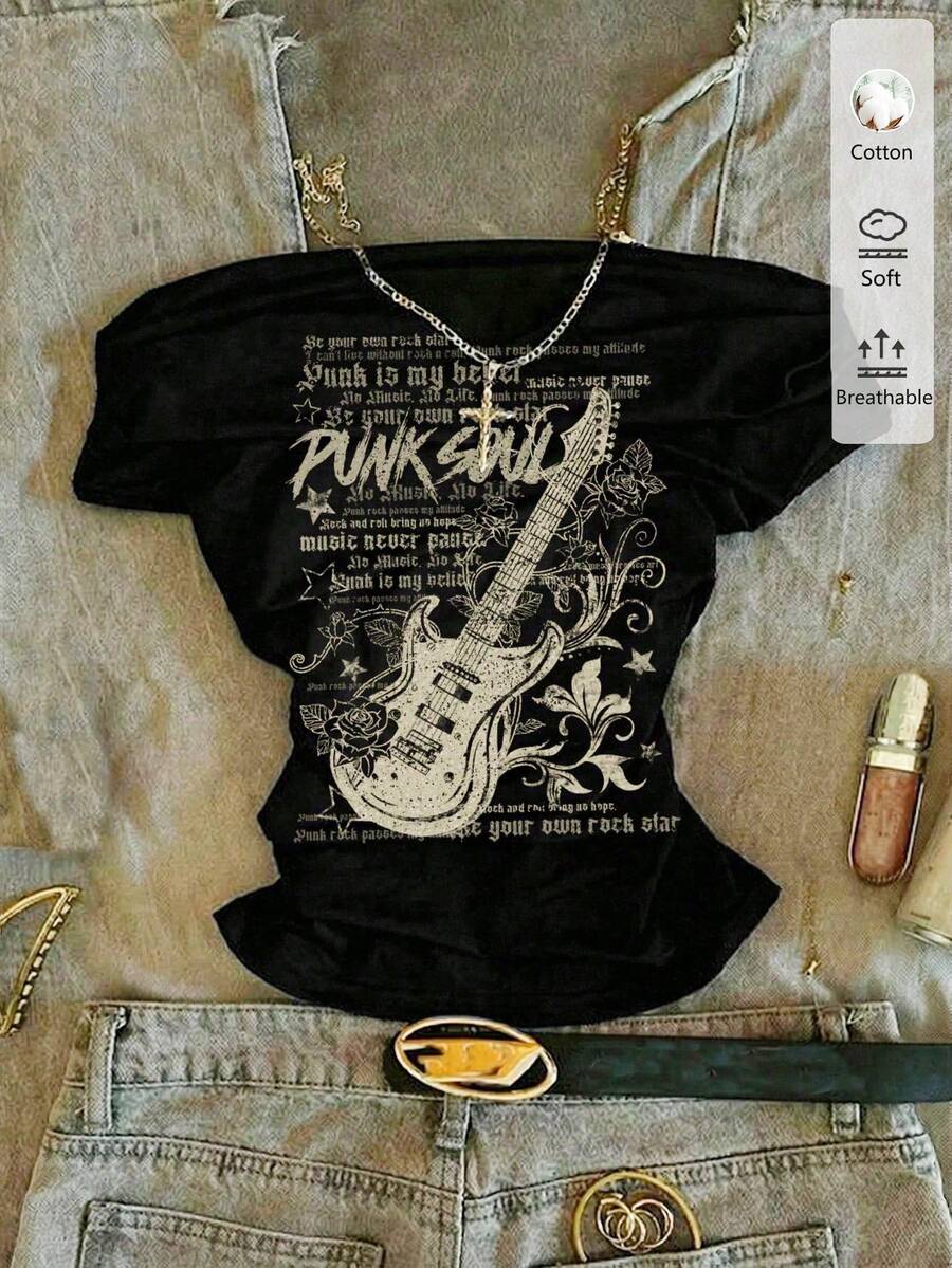Áo thun crop ôm sát in hình guitar và họa tiết tối màu, kiểu BM, dành cho nữ tuổi teen, kiểu trễ vai, chất liệu dệt kim, thích hợp cho mùa hè. - màu đen - Xem 1