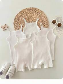 5pcs/Set Baby Girls' Casual Solid Color Knit Camisole Romper Set - White - View 7