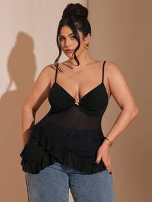 SHEIN BAE Plus Size Women Ruffle Lace Patchwork Camisole Top - Black - View 5
