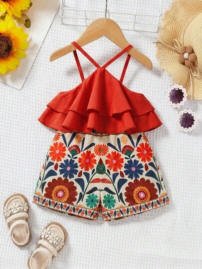 SHEIN Baby Girl Beach Outfits For Baby Girl Vacation Solid Color Knotted Cropped Tube Top And Floral Print Shorts Casual 2-Piece Set