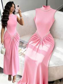 Rafferiza Đầm dệt kim cổ lửng, co giãn, xếp ly, đính ngọc trai, màu đỏ rượu vang dành cho nữ, kiểu dáng Valentine, Tết Nguyên Đán, thời trang và thanh lịch. Thích hợp cho mặc hàng ngày, đám cưới, tiệc tùng, đi làm, lễ tốt nghiệp, các sự kiện lễ hội, kỳ nghỉ, hẹn hò, tiệc tùng, Halloween, Giáng sinh, Năm mới và Lễ Tạ ơn. - Hồng - Xem 1