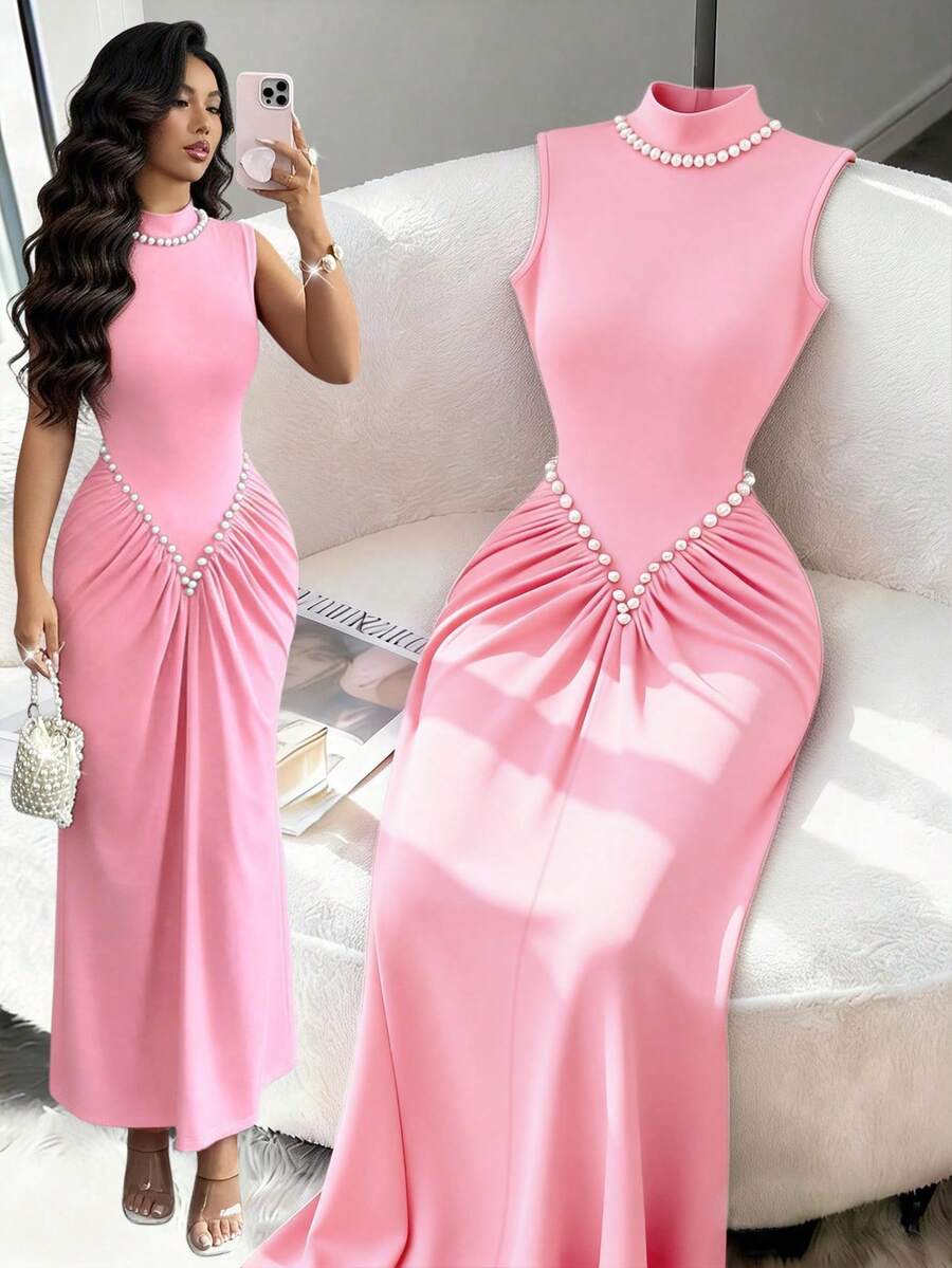 Rafferiza Đầm dệt kim cổ lửng, co giãn, xếp ly, đính ngọc trai, màu đỏ rượu vang dành cho nữ, kiểu dáng Valentine, Tết Nguyên Đán, thời trang và thanh lịch. Thích hợp cho mặc hàng ngày, đám cưới, tiệc tùng, đi làm, lễ tốt nghiệp, các sự kiện lễ hội, kỳ nghỉ, hẹn hò, tiệc tùng, Halloween, Giáng sinh, Năm mới và Lễ Tạ ơn. - Hồng - Xem 1