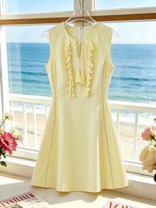 Franclia Women's Solid Color Round Neck Sleeveless Tassel Tie-Up Summer Mini Dress Golf Pastal Sexy - Yellow - View 5