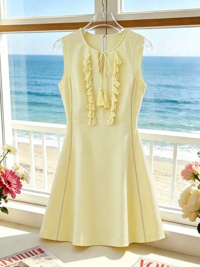 Franclia Đầm ngắn mùa hè không tay cổ tròn màu trơn có tua rua buộc dây dành cho nữ