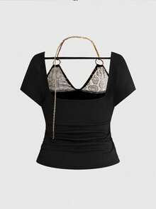 ROMWE J-Fashion Áo thun tay ngắn cỡ lớn họa tiết da báo phối họa tiết Y2K Millennium Hot Girl kèm dây chuyền kim loại và mặt dây chuyền. - màu đen - Xem 3