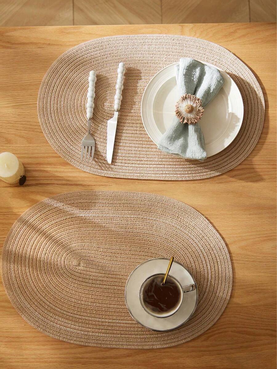 1/6pcs Simple Gradient Milk Coffee Color Oval Polyester Placemat - Khaki - View 1