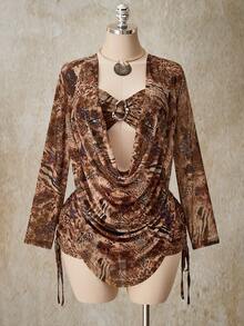 SHEIN ICON 大码 Y2K 复古度假套装，复古豹纹花卉网纱印花套装 - 抹胸、抽绳半身裙、罩衫三件套，夏季度假 - 彩色 - 查看 3