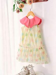 Girls (Small) Floral Print Pink Collar A-Line Dress With Bow Design - Multicolor - View 2