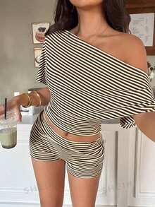 SHEIN Tall Bộ 2 món áo thun ngắn tay cổ lệch và quần short kẻ sọc dành cho nữ, thích hợp cho mùa xuân/hè. - Cà phê nâu - Xem 3