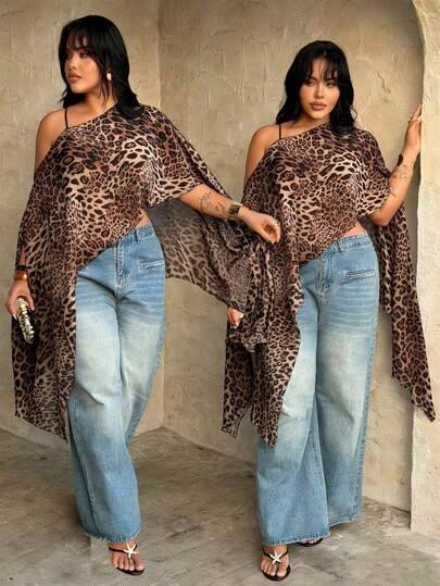 Rustia Plus Size Women's Fashionable Elegant Leopard Print Asymmetrical Asymmetric Semi-Sheer Chiffon Blouse Shawl