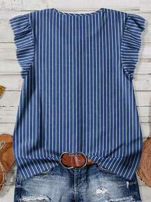 SHEIN LUNE Navy Style Blue Striped Plus Size Women Buttoned Shirt - Multicolor - View 4