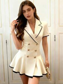 Glamine Áo blazer nữ mùa hè thanh lịch, tay ngắn, cổ ve áo phối viền tương phản, cài cúc đôi, vạt bèo nhún. - Màu be - Xem 4