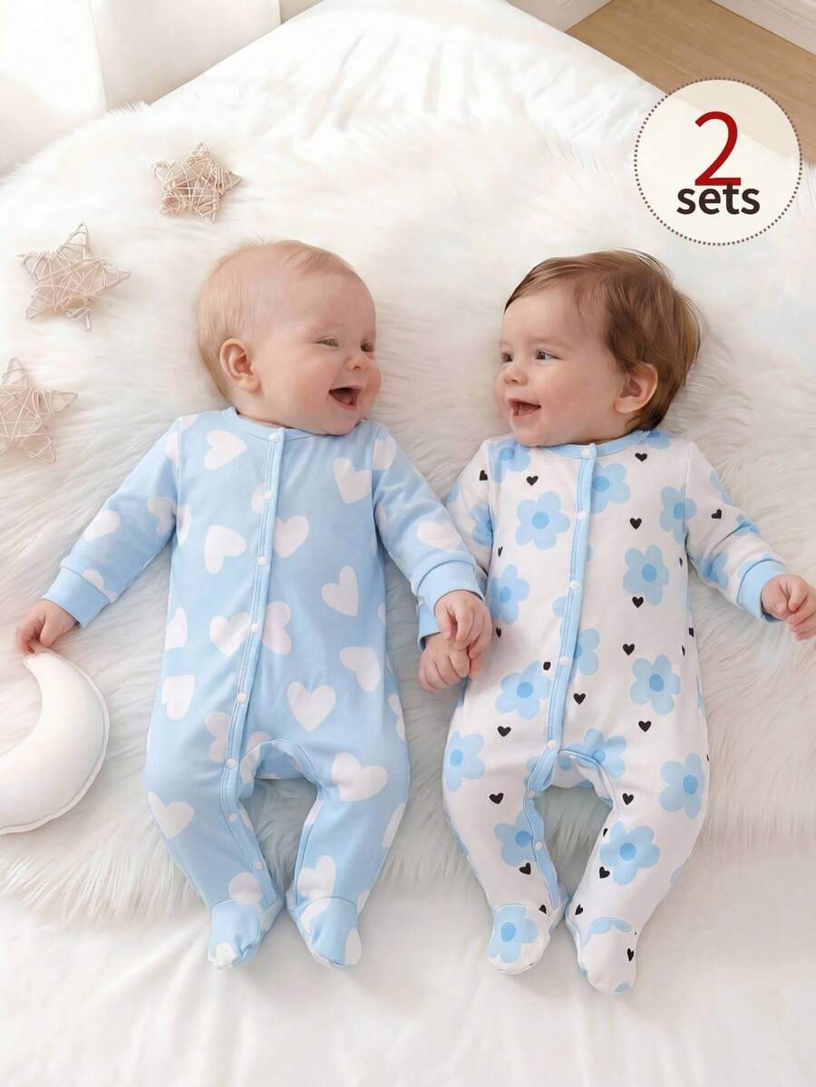 2-Pack Newborn Pajamas&Loungewear Set,Cute Blue Floral&Heart Print,Spring Summer Autumn,Black And White,Soft Skin-Friendly Fabric Button Lounge Wear - Blue - View 1