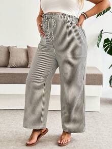 Plussiva Maternity Plus Size Casual Everyday Striped Elastic Waist Bottoms Vacation Outfits Fall - Apricot - View 5