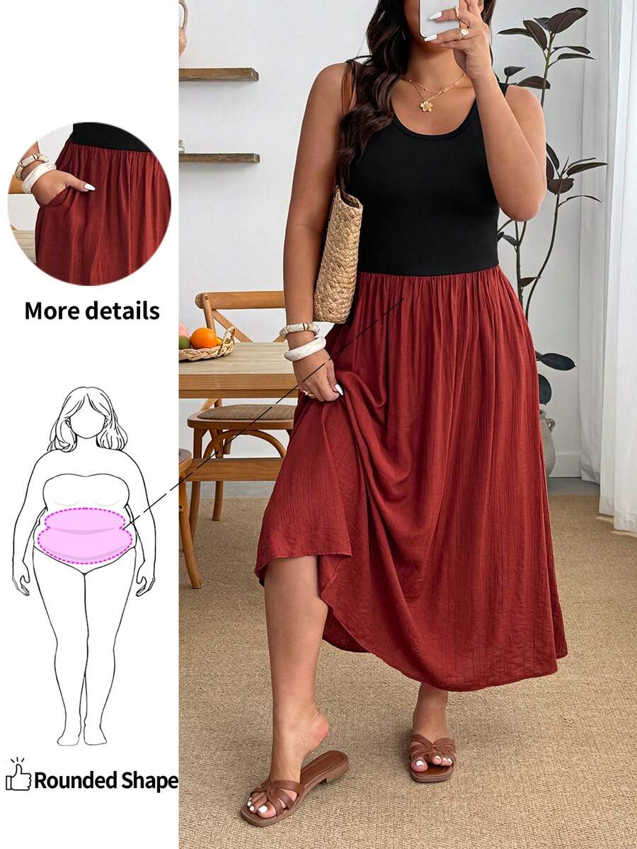 Enliva Plus-Size Women Casual Color-Blocked Dress With Pocket, For Apple And Rounded Body Shape Beach Formal Black Summer - Multicolor - View 1