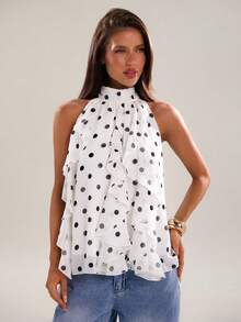 SHEIN BAE Women's Polka Dot Print Ruffle Hem Sleeveless Blouse - White - View 5