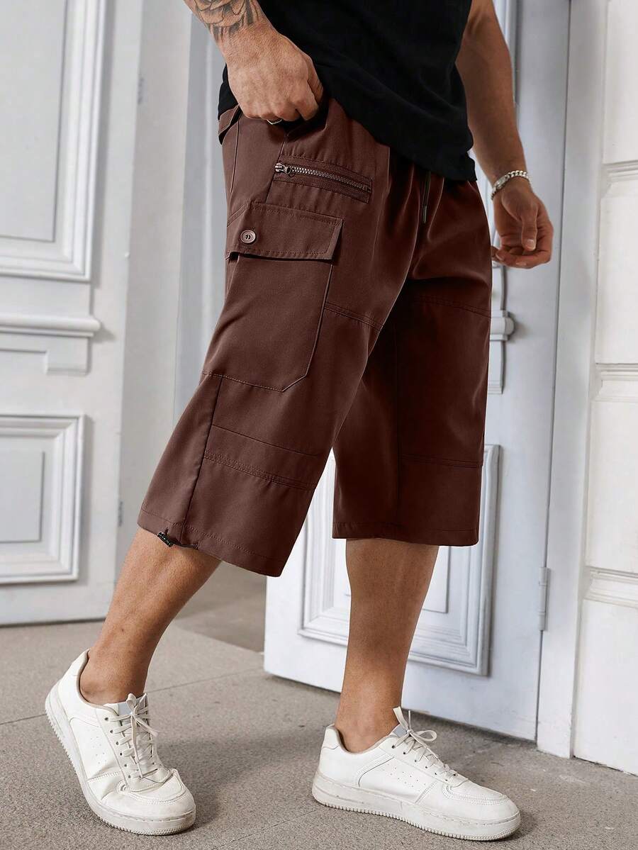 Manfinity Homme Plus Size Men's Solid Color Casual Knee-Length Shorts - Brown - View 1