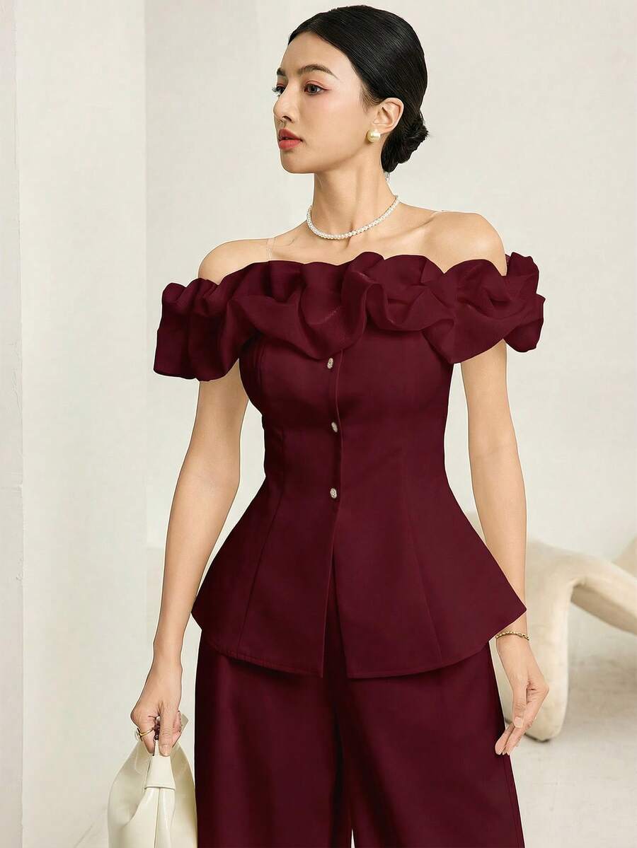 Heiryn 女士纯色露肩上衣和裤子两件套