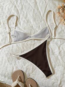 Elavelle Multicolor Women Bikini Set Colorblock Fabric With Adjustable Spaghetti Strap And Thong Bottom Low Waist - Multicolor - View 2