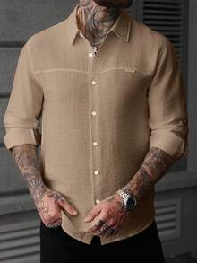 Manfinity CasualCool Men's Solid Color Minimalist Textured Front Button Long Sleeve Casual Shirt - Khaki - View 4