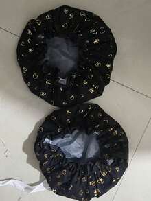QINGMYU 2-Layer Waterproof Shower Cap, Fashionable Foil Heart Print - Black - View 7