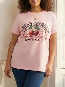 ELLERISSA Plus Size Pink Cherry Graphic Crew Neck T-Shirt - Pink - View 5