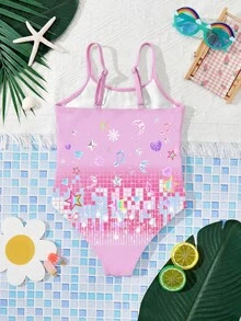 SHEIN Bộ đồ bơi liền thân in hình hoạt hình dành cho bé gái - Màu tím - Xem 4