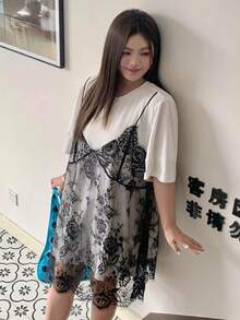 Dazy Plus 蕾丝拼接吊带背心二合一短袖休闲白色加大码女式春夏连衣裙太阳裙 - 黑與白 - 查看 7