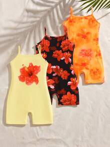 SHEIN Bộ 3 món áo liền quần mùa hè cho bé gái in họa tiết hoa dâm bụt, kiểu dáng thoải mái, không tay, chất liệu nhẹ thoáng khí, họa tiết hoa dễ thương, thích hợp cho kỳ nghỉ biển. - Nhiều màu - Xem 9