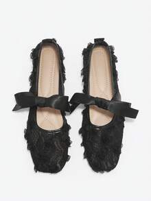 蝴蝶结方头女士平底鞋，时尚镂空透气蕾丝网面平底鞋，温柔优雅的玛丽珍芭蕾舞鞋 - 黑色 - 查看 7