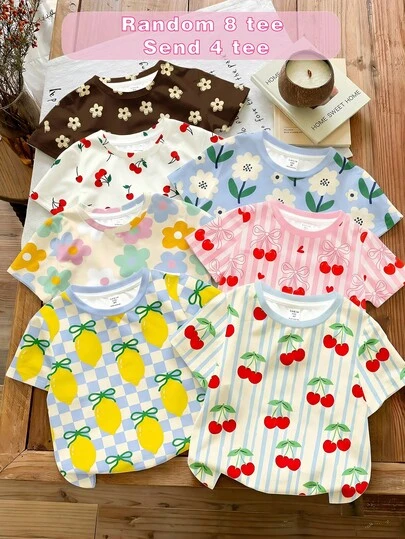 SHEIN [Random 4 Tees] Cute Dopamine Color Series, Lemon & Cherry Contrast Stripes, Bow Print Pattern, Baby Girl Casual Minimalist Round Neck Short Sleeve T-Shirts, Suitable For Spring/Summer, 4pcs Set. Cute Summer Outfits For , Summer Kids Items, Summer Outing Items, Korean Style, Easy Comfort, Stylish Kids, Y2K, Kawaii, Party, Everyday, Vacation, Cute, Comfy, Summer 2026, Cottagecore, Weekend Casual, Family Outing, Photoshoot Outfits, Chill Chill, Baby & Kids Graphic Tops