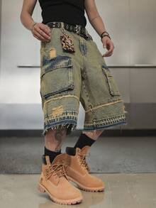 Manfinity EMRG Men's Casual Washed Distressed Cargo Denim Shorts - Light Wash - View 1