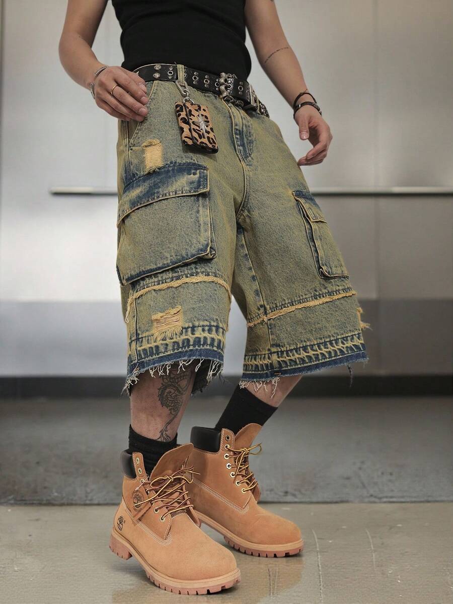 Manfinity EMRG Men's Casual Washed Distressed Cargo Denim Shorts - Light Wash - View 1