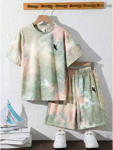 SHEIN 2 pièces Ensemble tricot pour enfants garçon, t-shirt à manches courtes ample à col rond et short, imprimé teinture tie-dye, style décontracté et confortable - Multicolore - Voir 3