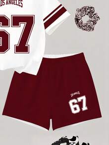 2pcs/Set Kaos Kasual Musim Semi dan Musim Panas untuk Anak Perempuan, Modis, Kreatif, Segar, Mewah, Minimalis, Putih, Merah Marun, Motif Bunga Leopard, Simpul Pita, Slogan Lucu, Grafis - MultiWarna - View 8