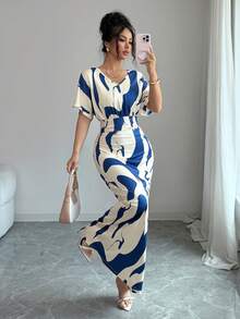 SHEIN Elenzya Women's Fashion Printed V-Neck Short Sleeve Ruched Waist Bodycon Romantic Elegant Casual Commute Date Party Dinner Dress, Spring/Summer - Multicolor - View 6
