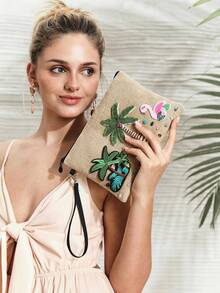 SHECARRY 1pc Ladies Fashionable Summer Vacation Bohemian Summer Style Coconut Tree Flamingo Colored Acrylic Bead Clutchs, For Beach, Vacation, Holiday, Summer, Seaside, Beach Party (Colored Acrylic Beads Randomly) - Beige - View 8