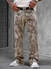SLATEMANN Men's Street Casual Light Khaki Camo Cargo Pants With Botanical Pattern - Khaki - View 1