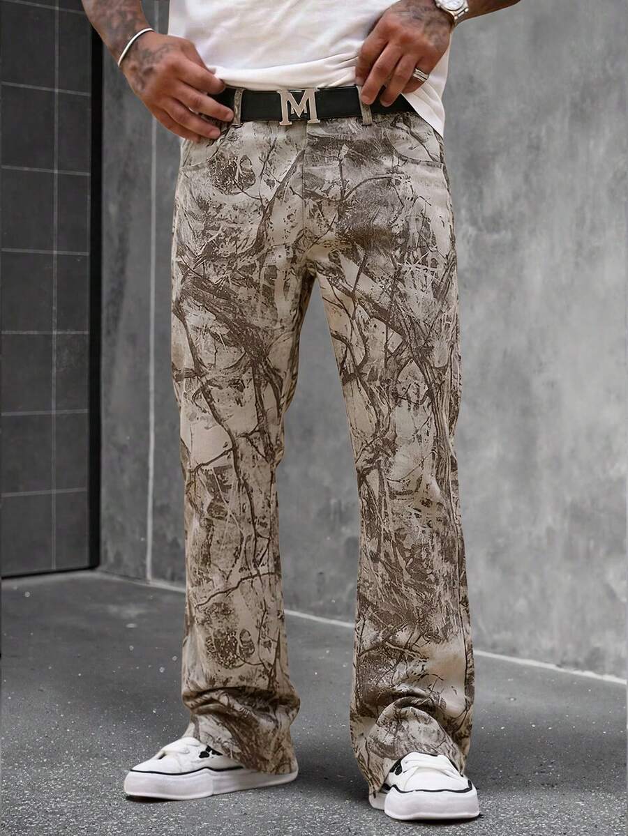 SLATEMANN Men's Street Casual Light Khaki Camo Cargo Pants With Botanical Pattern - Khaki - View 1