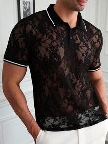 Manfinity AFTRDRK Men's Short Sleeve Textured Fabric Polo Shirt, Suitable For Outings, Gatherings, And Parties - Black - View 5
