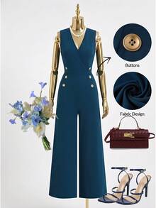 SHEIN Ellevyn V-Neck Metal Buckle Jumpsuit, Elegant Commuter Style, Graceful And Dignified V-Neck Jumpsuit Ladies Jumpsuit Suit Elegant Outfit For Women Sleeveless Jumpsuit Women's Jumpsuit Zoey Outfit Zanea Dress For Woman Elegant Dress Yrack Suits For Ladies - Teal Blue - View 8