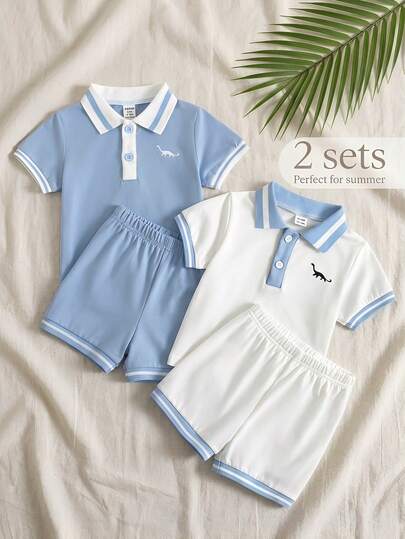 Souflis Souflis Bộ áo polo tay ngắn và quần short kẻ sọc không đều, dễ thương cho bé trai sơ sinh, thêu hình gấu, thích hợp cho mùa hè.