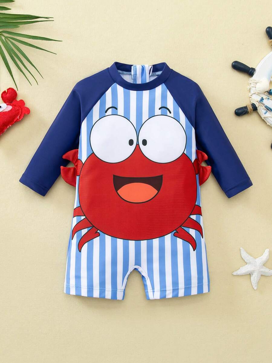 Traje de baño de una pieza con mangas largas para bebé recién nacido, con diseño de cangrejo y rayas azules en contraste de color, adecuado para vacaciones, playa, surf, ropa de baño para niño, traje de baño de manga larga - Azul - Ver 1