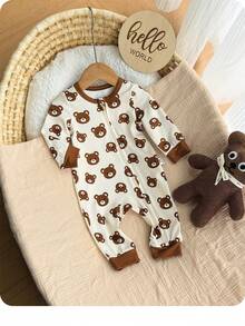 Newborn Baby Bear Print Zipper Front Long Sleeve Romper - Khaki - View 2