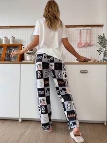 Cute Cartoon Cow & Plaid Print Lively Women Pajama Set - Black and White - View 2