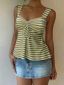 SHEIN Áo hai dây nữ kiểu dáng thanh lịch, thoải mái, họa tiết sọc tương phản, họa tiết lãng mạn, có dây rút. - Nhiều màu - Xem 4