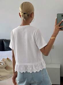 DAZY Women's Solid Color Crew Neck Short Sleeve Lace Patchwork Casual Summer Top - White - View 2