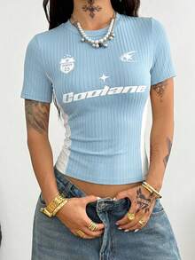 Coolane Áo thun crop top màu đen dành cho nữ, phong cách đường phố Y2K mùa hè, trang phục dự tiệc rave, lễ hội, đi chơi. - Màu xanh nhạt - Xem 6