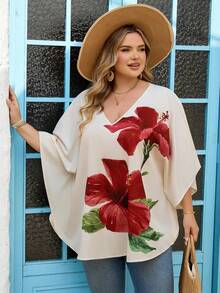 SHEIN CURVE+ Áo kiểu nữ cỡ lớn in hoa dáng rộng thoải mái - Nhiều màu - Xem 9